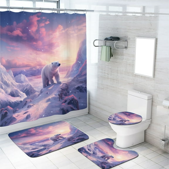 Polar Bear 4 Pcs Shower Curtain Set Winter Cute Animal Snow Mountain Natural Landscape with 12 Hooks, Bath Mat Set Bathroom Decor by Durable Waterproof Fabric, 72x72 Inch