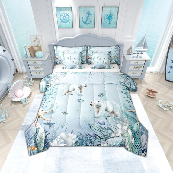 Polar Bear 7 Piece Comforter Set Full Bed in a Bag,Teal Blue Ocean Beach Coastal Bedding Set Starfish Octopus Sheet Sets with Comforter Underwater Creature Coral Bed Set,Kawaii Fish Room Decor