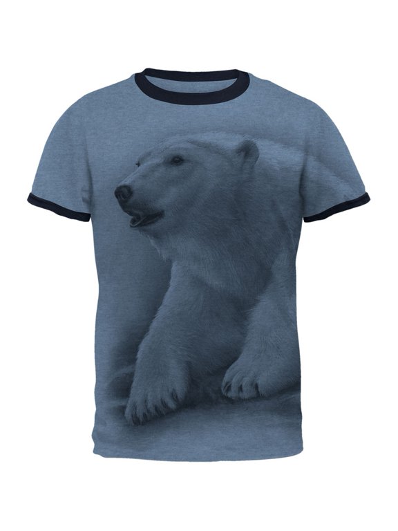 Polar Bear All Over Heather Blue-Navy Men's Ringer T-Shirt - Small