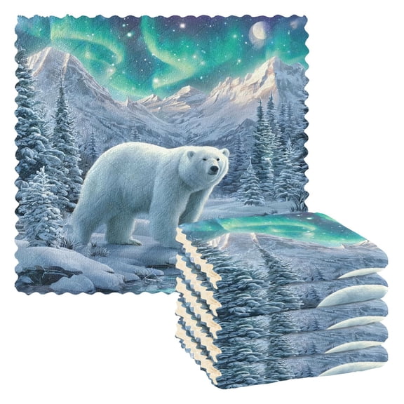 Polar Bear Aurora Kitchen Cloth Dish Towels for Drying Washing Absorbent Dish Rags Reusable soft kitchen dishcloth set 6 Pack