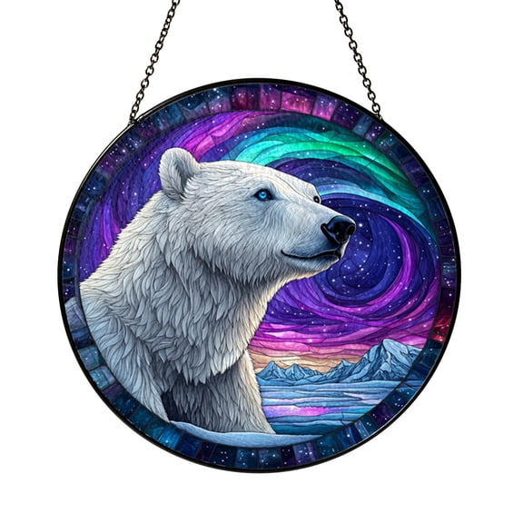 Polar Bear Aurora Sky Stained Glass Suncatcher, Arctic Wildlife Window Hanging Decor, Nature Glass Style Art Accent