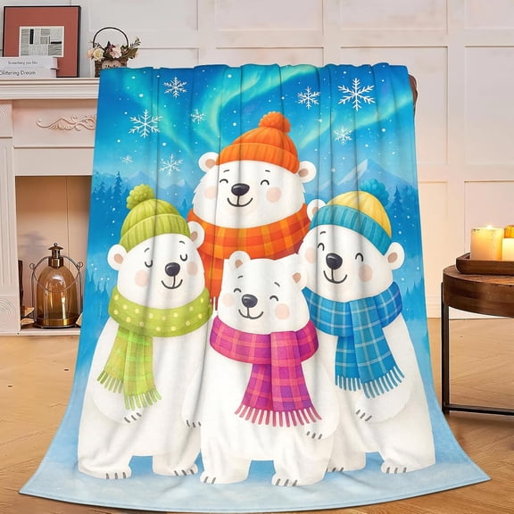 Polar Bear Aurora Throw Blanket, Cute Bear Winter Blanket, Cozy Warm Bedding for Women, Aesthetic Polar Bear Gift Home Decor