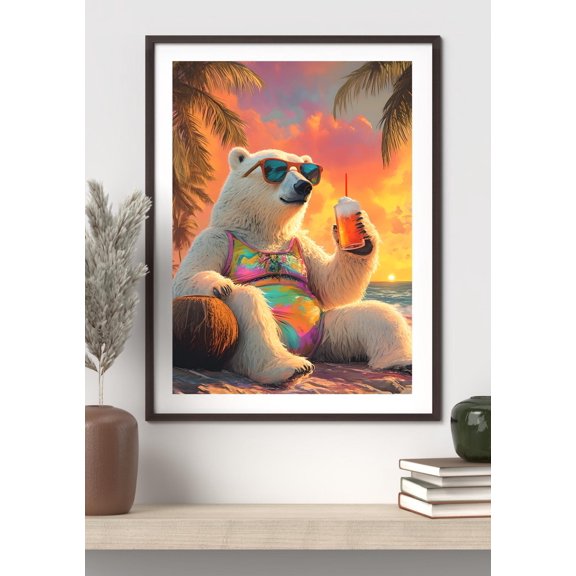 Polar Bear Beach Vacation Art Whimsical Animal Print Poster Decor, Unframed Poster Size 16x24 F03.1.22l403