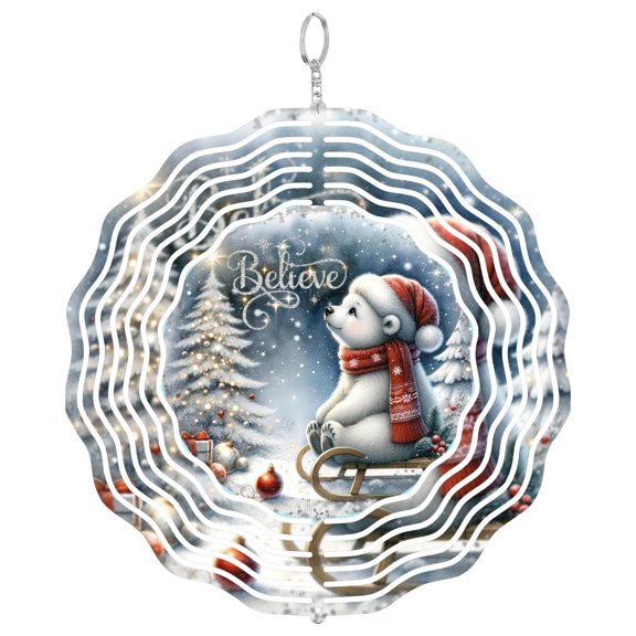 Polar Bear Believe Christmas 3D Wind Spinner Kinetic Metal Hanging Holiday Inspirational Decor Round