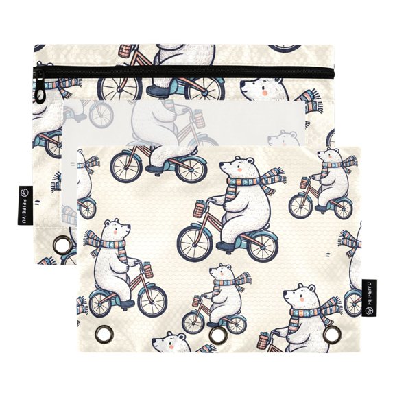 Polar Bear Bicycle Riding 2 Pack Pencil Pouch for 3 Ring Binder Smooth Zipper Folders with Pockets Clear Window Pencil Case