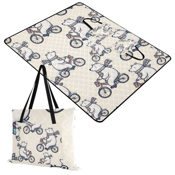 Polar Bear Bicycle Riding Extra Large Picnic Beach Blanket Waterproof Sand Proof Portable Outdoor Mat 60x80