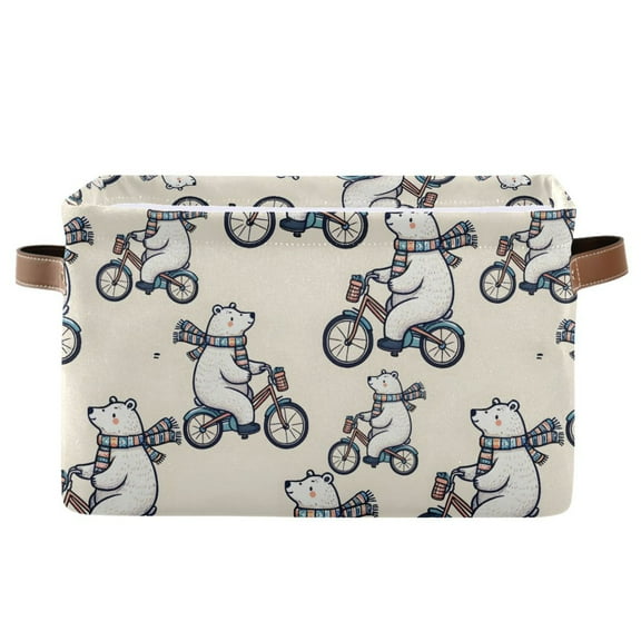 Polar Bear Bicycle Riding Storage Bins with Handle Fabric Organizer Basket Foldable Box 1 Pack 14.2x10.2x8.3