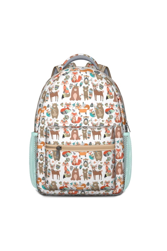 Polar Bear Cartoon Print School Backpack – Cute Brown Bear Design with Winter Forest Hunting and Artistic Patterns