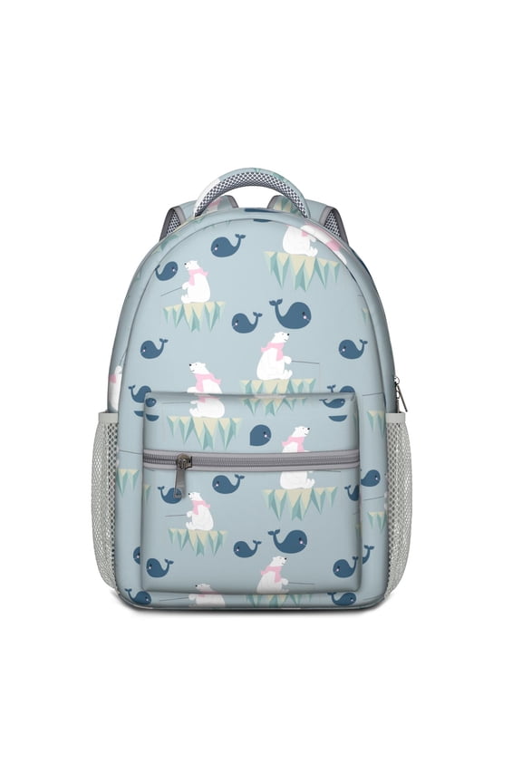 Polar Bear Cartoon Print School Backpack – Cute Brown Bear Design with Winter Forest Hunting and Artistic Patterns