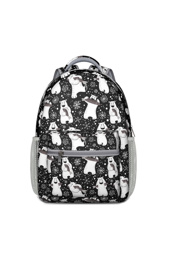 Polar Bear Cartoon Print School Backpack – Cute Brown Bear Design with Winter Forest Hunting and Artistic Patterns