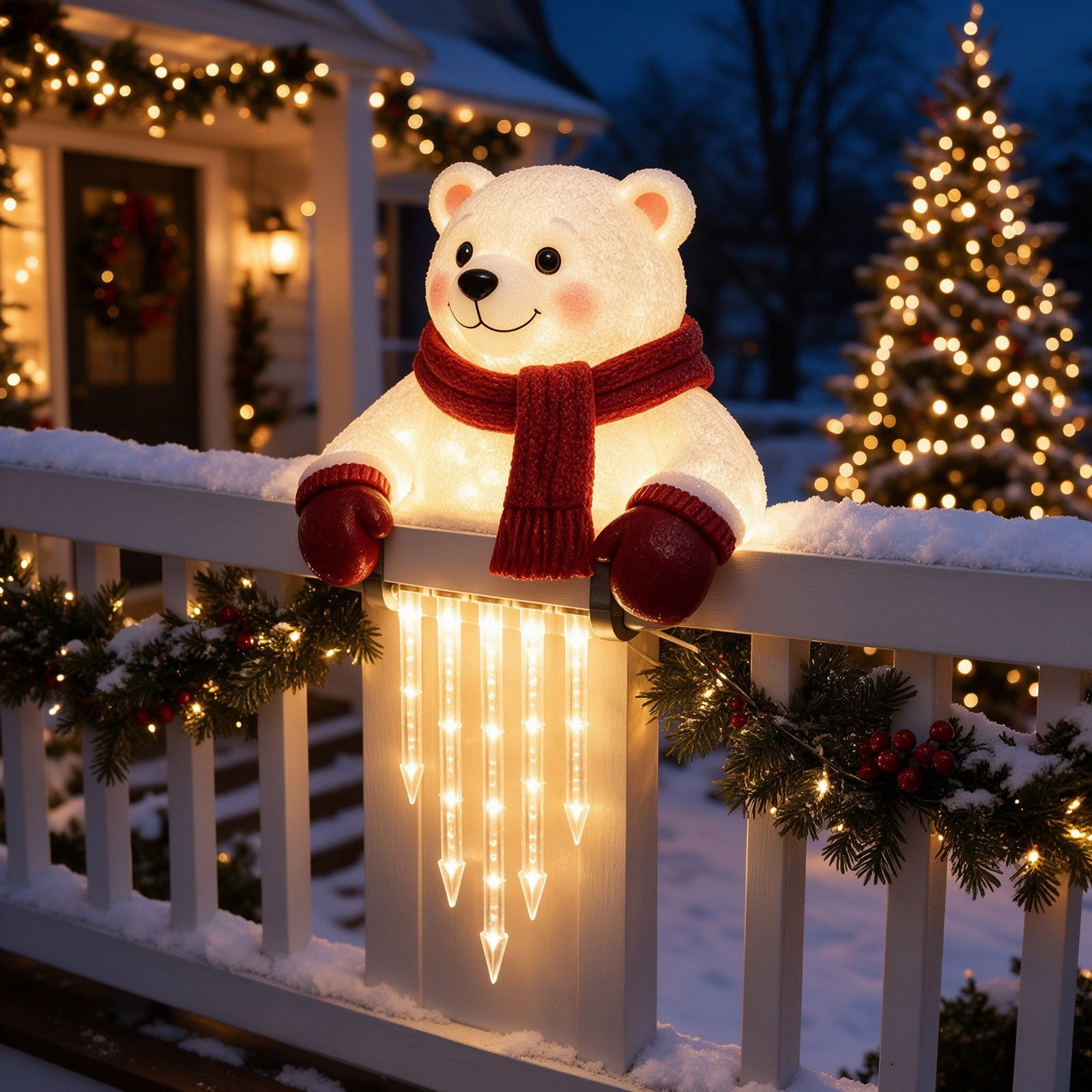 Polar Bear Christmas Fence Peeker Icicle Light, Lighted Outdoor Holiday