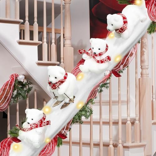 Polar Bear Christmas Staircase Decorations Set Banister Christmas Decorations with 4PCS Skiing Polar Bears & Artificial Snow & LED Lamp Belt, for Home Interior Stairs Decor