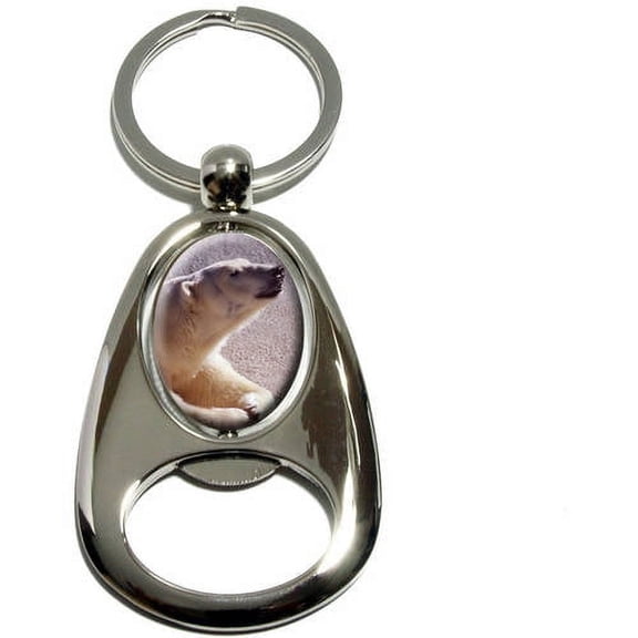 Polar Bear, Chrome Plated Metal Spinning Oval Design Bottle Opener Keychain Key Ring