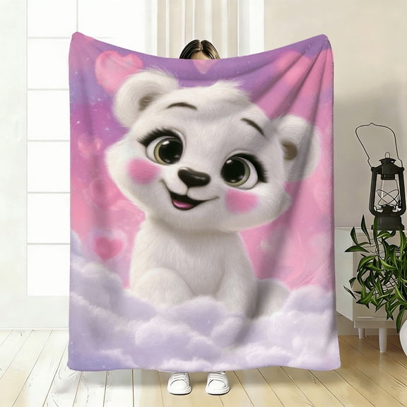 Polar Bear on Cloud HD Printed Flannel Blanket - Ultra-Soft Warm All-Season Throw, Vibrant Pink Cloud Hearts Design, Camping, Sofa, Bed - Cozy Gift for Family Friends, Camping Accessory.