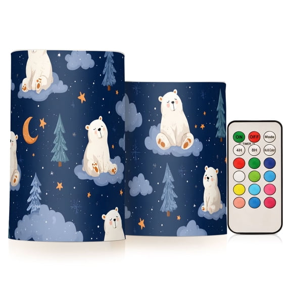 Polar Bear Cloud Tree Flickering Flameless Candles Battery Operated with Remote Timer LED Pillar Candles Set of 2