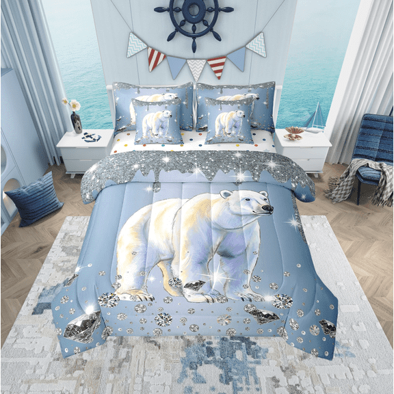 Polar Bear Comforter Set 7 Piece Bed in a Bag Twin,White Sequin Fluid Art Comforter and Sheet Set,Crystal Diamond Bedding Set,Polar Animals Bed Set Coastal Creature Room Decor