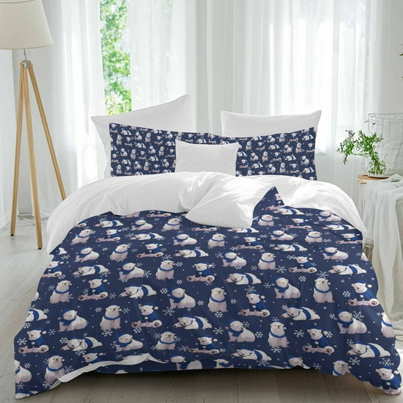 Polar Bear Comforter Set Twin Size, Christmas Dark Blue Soft Bedding Set for Man Woman, 4 Pieces Duvet Cover Set with Fitted Sheet, 2 Pillowcases