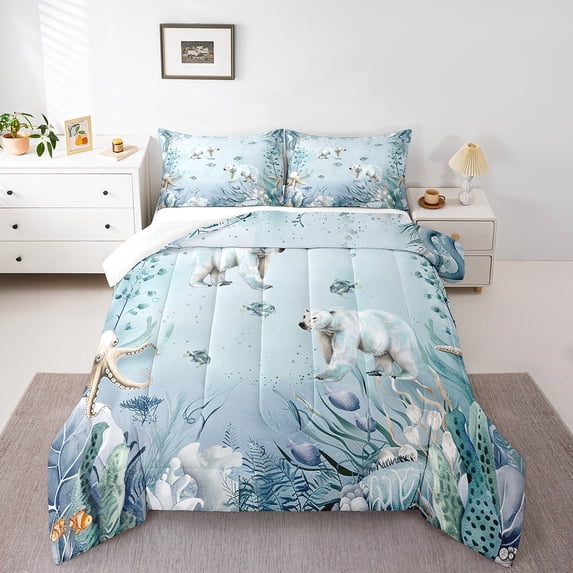 Polar Bear Comforter Set Teal Blue Ocean Beach Coastal Queen Bedding Comforter Sets ,Starfish Octopus Tentacles Quilt Underwater Creature Coral Duvet Insert