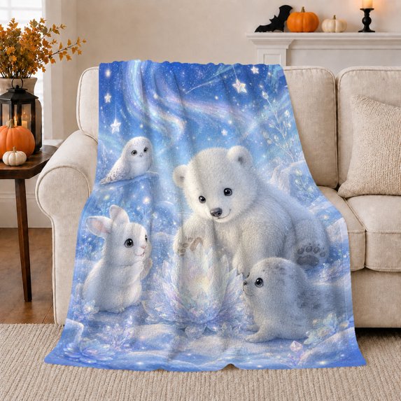 Polar Bear Cub with Bunny Owl and Seal by Crystal Flower, Magical Arctic Fantasy Style for Kids, Cozy Flannel Blanket for Nursery and Playroom, Baby Shower Gift, Home Decor