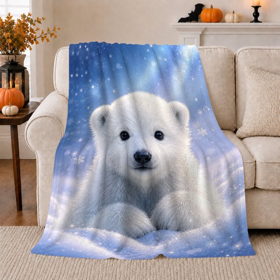 Polar Bear Cub in Snow beneath Starry Blue Sky, Serene Arctic Wildlife Style for Polar Bear Lovers, Warm Flannel Blanket for Nursery and Bedroom, Christmas Gift, Home Decor
