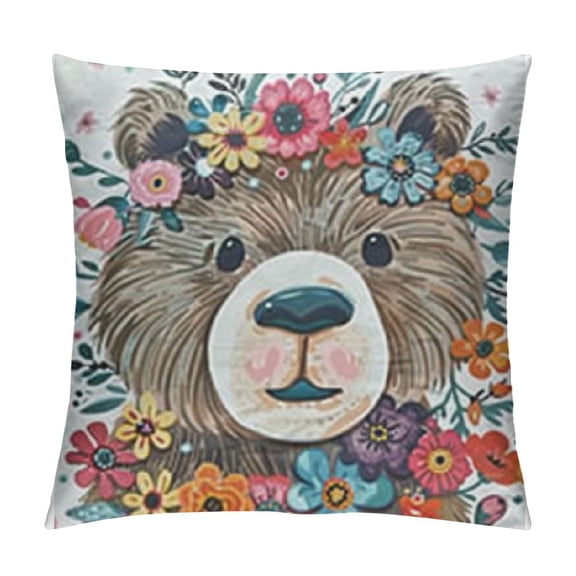 Polar Bear Decorative Throw Pillow Case Funny Doodle Bear Face with Funny Spring Flowers Hand Drawn Art, Cushion Cover for Couch Living Room Car,Multicolor