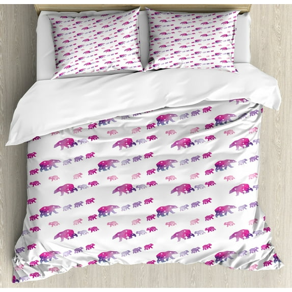 Polar Bear Duvet Cover Set King Size, Mother and Child Constellation Bears in Watercolor Style Pattern, Decorative 3 Piece Bedding Set with 2 Pillow Shams, Magenta Purple and White, by Ambesonne