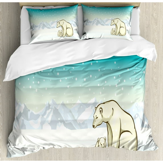 Polar Bear Duvet Cover Set Queen Size, Northern Landscape Arctic Baby Polar Bears on Snow Ice Family Animal, Decorative 3 Piece Bedding Set with 2 Pillow Shams, Turquoise Cream White, by Ambesonne