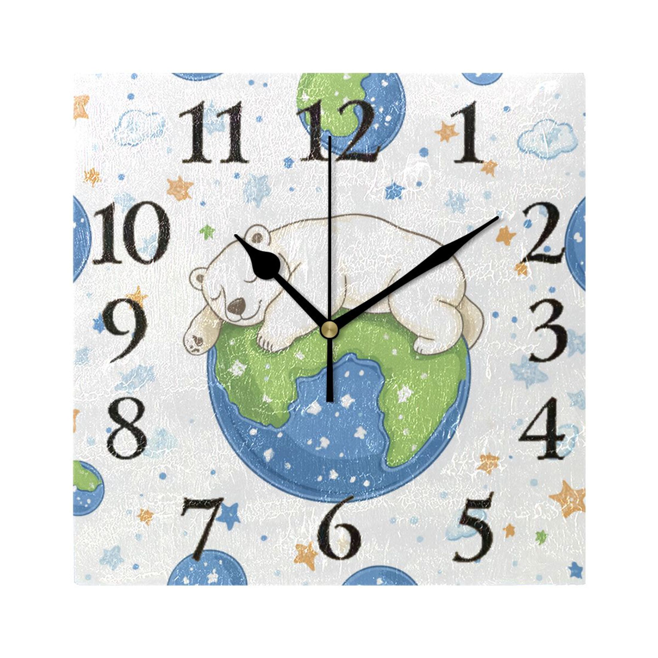 Polar Bear on Earth Stars Clouds Cartoon Square Wall Clock Battery ...