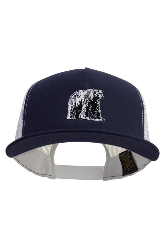 Polar Bear Embroidered Classic 5 Panel Two Tone Mesh Trucker Snapback Cap - Navy White OSFM