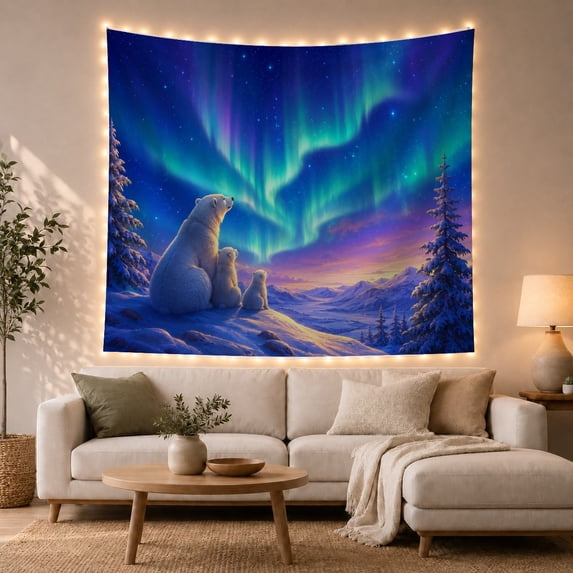 Polar Bear Family Under Northern Lights Dreamy Fantasy Style for Wildlife Lovers Arctic Wall Decor Christmas Gift Tapestry Wall Hanging for Bedroom, Nursery and Living Room