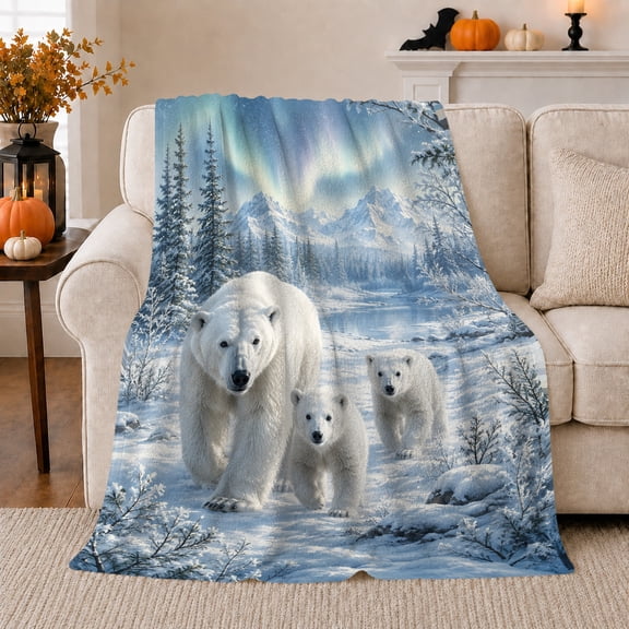Polar Bear Family Snow Walk Winter Aurora Landscape, Peaceful Mountain Lake Scene, Warm Flannel Blanket for Cabin and Lodge, Outdoor Lovers Mother's Day Gift, Rustic Home Decor