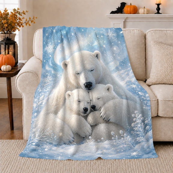 Polar Bear Family Winter Forest Serene Snowy Scene, Festive Holiday Scene, Warm Flannel Blanket for Cabin and Lodge, Art Lovers Housewarming Gift, Festive Home Decor