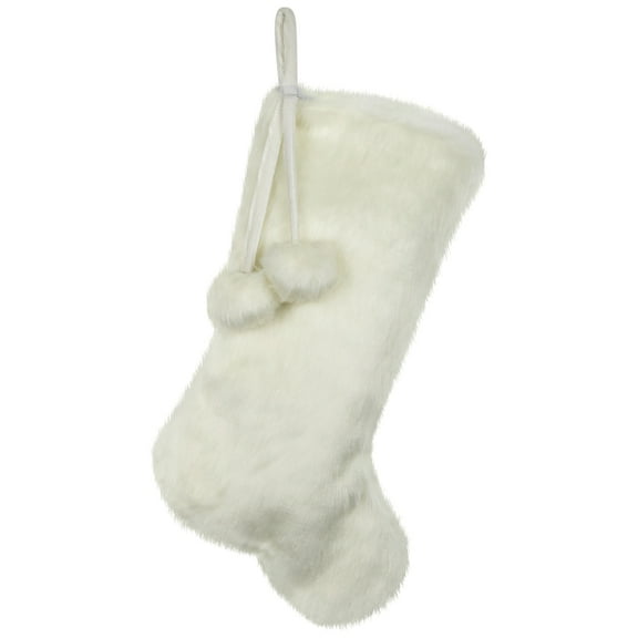 Polar Bear Faux Fur Christmas Stocking with Pom Poms - 20.5" - White