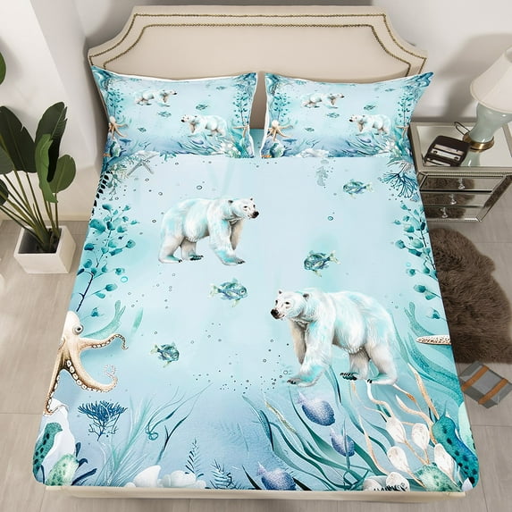 Polar Bear Fitted Sheet Teal Blue Ocean Beach Coastal Queen Bed Sheets,Starfish Octopus Tentacles Sheets Underwater Creature Coral Bedding Set,Kawaii Fish Room Decor(No Top Sheet)