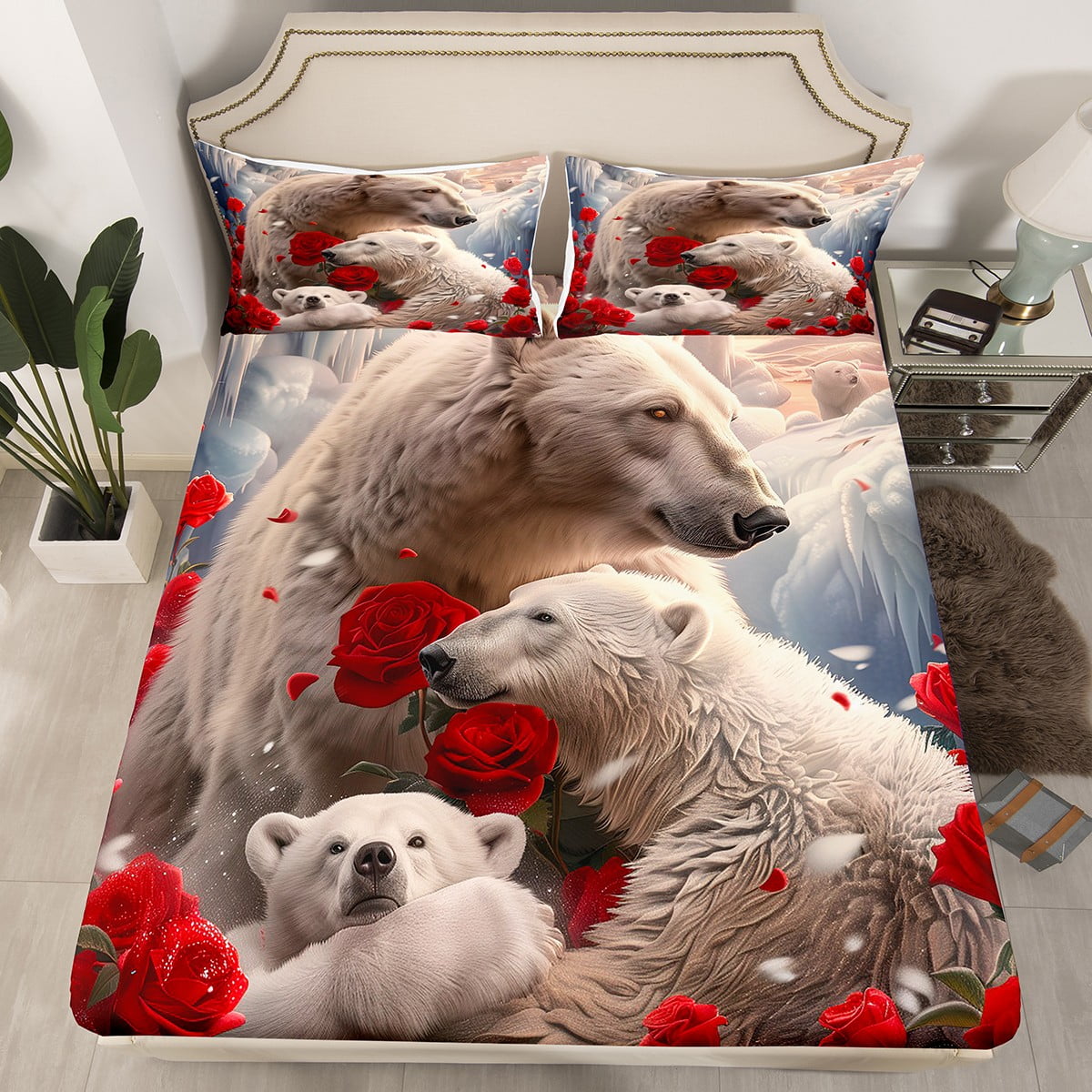 Polar Bear Fitted Sheet Red Rose Bed Sheets Full,Romantic Flowers Wild ...