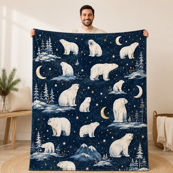 Polar Bear Flannel Throw Blanket with Crescent Moons, Stars and Snowy Pines, Arctic Night Pattern for Couch Bed Reading Chair Winter Accents, 30 x 40 in