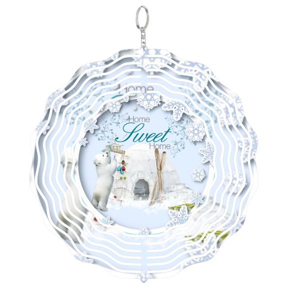 Polar Bear Home Sweet Home 3D Wind Spinner Kinetic Metal Hanging Arctic Animal Gift Round