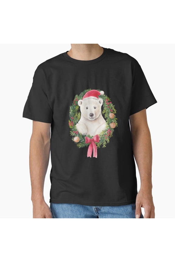 Polar Bear In Christmas Wreath Cute Animal Winter Holiday Graphic Unisex T-Shirt, for men & women, up to size 5XL