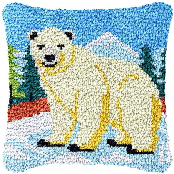Polar Bear Latch Hook Pillow Cover Kits for DIY Handmade Throw Pillow Cross Stitch Latch Hook Pillowcase Rug Kits with Preprinted Color Pattern Canvas Crochet Yarn Kits 17''X 17''(ch111)