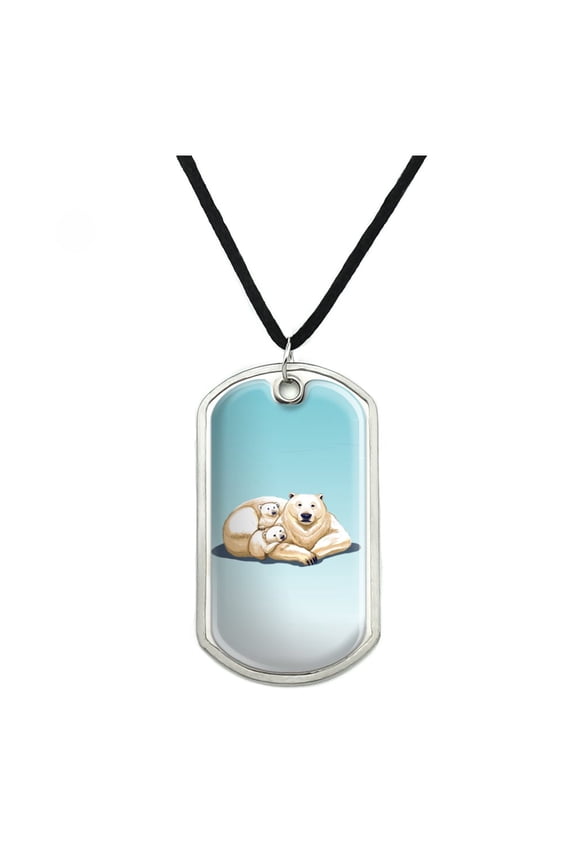Polar Bear Mom with Cubs Family Military Dog Tag Pendant Necklace with Cord