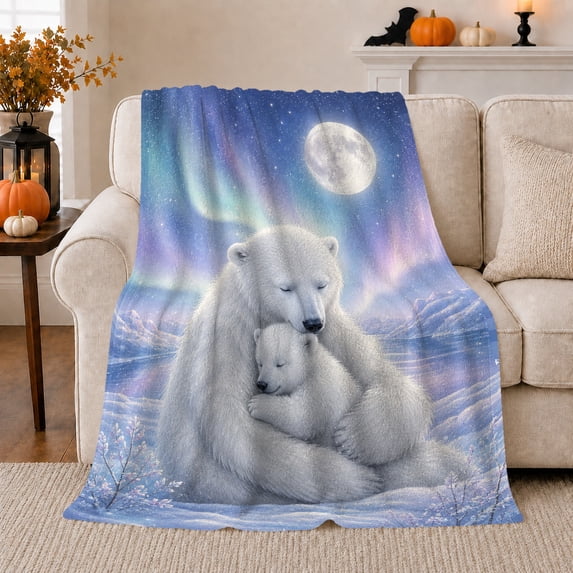 Polar Bear Mother and Cub beneath Moonlit Aurora, Serene Arctic Wildlife Scene for Polar Bear Lovers, Warm Flannel Blanket for Nursery and Bedroom, Mother's Day Gift, Home Decor