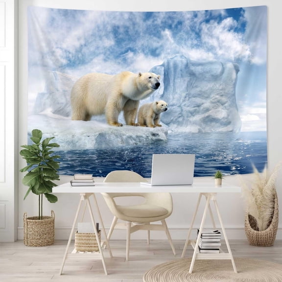 Polar Bear Mother and Cub Tapestry, Arctic Iceberg Ocean Wildlife Wall Hanging, Nature Landscape Tapestry for Bedroom Living Room, 60x40in