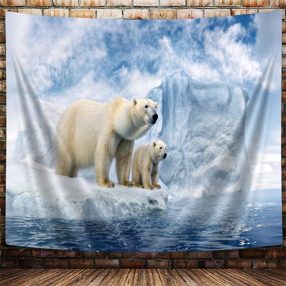 Polar Bear Mother and Cub Tapestry, Arctic Iceberg Ocean Wildlife Wall Hanging, Nature Landscape Tapestry for Bedroom Living Room, 60x50in
