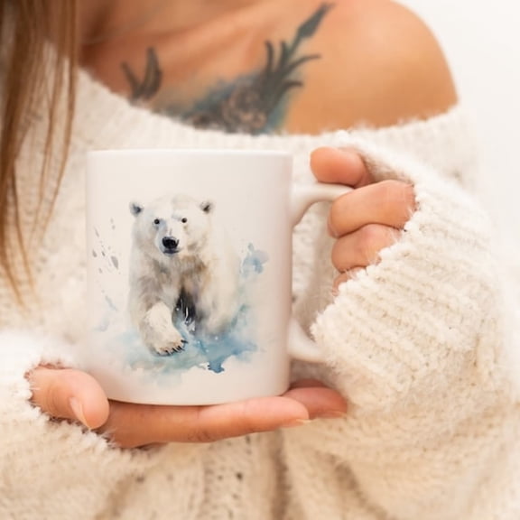 Polar Bear Mug Watercolor Animal Mug Ceramic Coffee Mug with Animal Motif Tea Cup Gift and Family Mug.