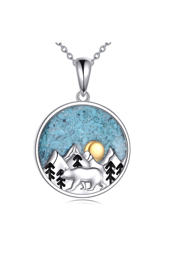 Polar Bear Necklace 925 Sterling Silver Mountain Pendant Turquoise Jewelry Gift for Women