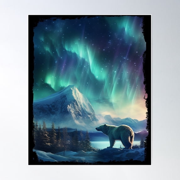 Polar Bear Northern Light Aurora Borealis Scenery Mountains Rivers Trees Poster Wall Art, Modern Wall Decor For Living Room Bedroom, 16x24 UNFRAMED