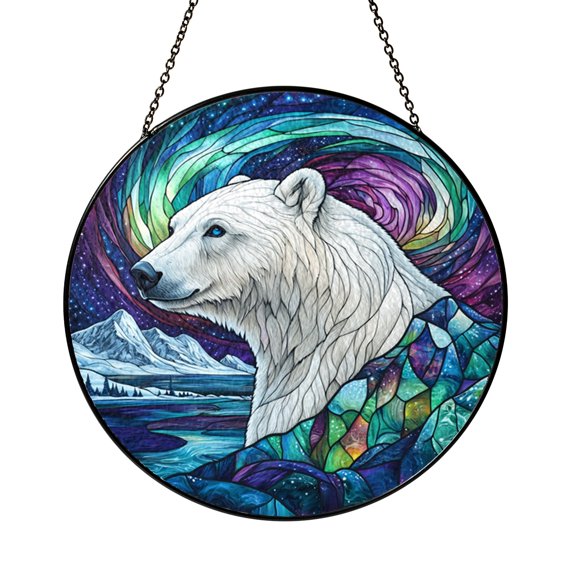 Polar Bear Northern Sky Stained Glass Suncatcher, Window Decor Hanging Glass Style Art Accent