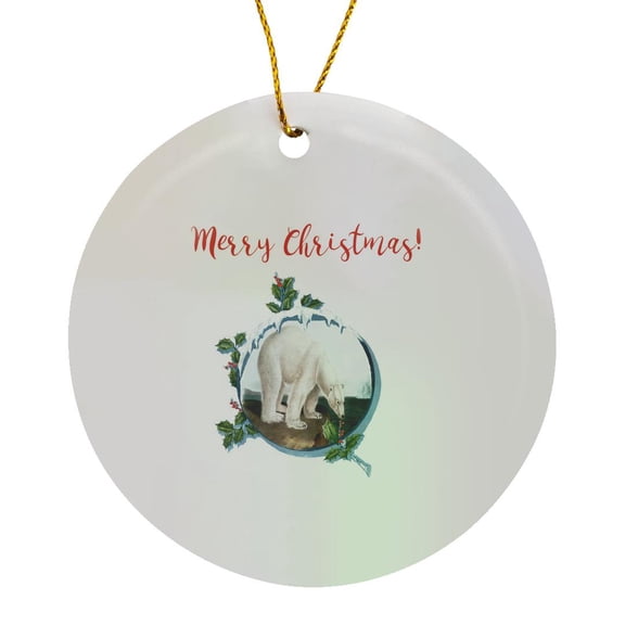3drose, Polar Bear, Oval Holly Berries and Leaves Ice Frame, Merry Christmas, Circle Porcelain Ornament