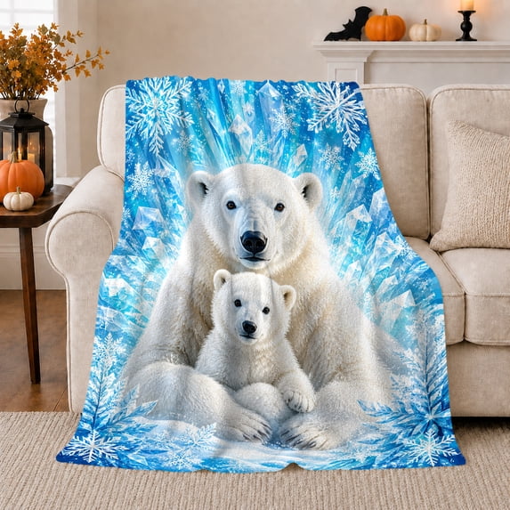 Polar Bear Parent Cub Winter Scene Snowflakes Ice, Festive Holiday Scene, Warm Flannel Blanket for Cabin and Lodge, Art Lovers Christmas Gift, Festive Home Decor