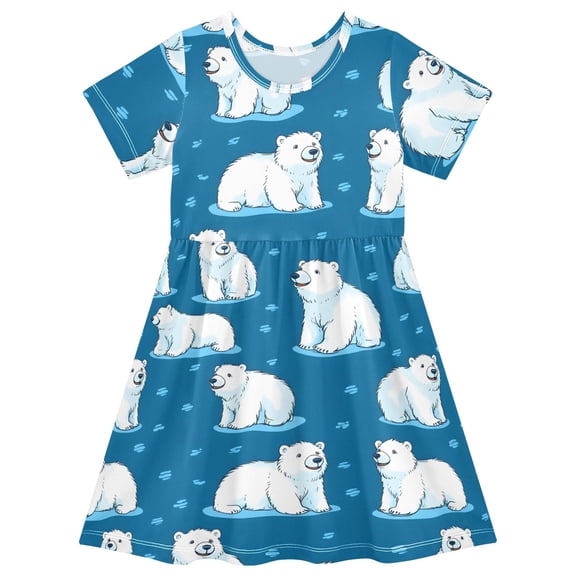 Polar Bear Pattern Girls Short Sleeve Dress A Line Sun Protection Breathable Comfort Sundress 7-8T